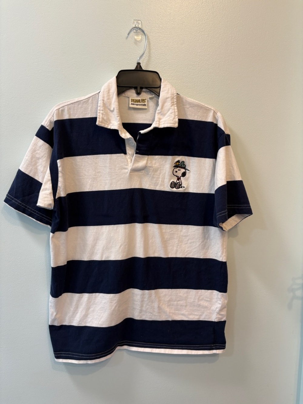 Peanuts Aeropostale Men's Navy & White Striped Rugby Polo